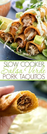 Slow Cooker Salsa Verde Pork Taquitos - The Chunky Chef