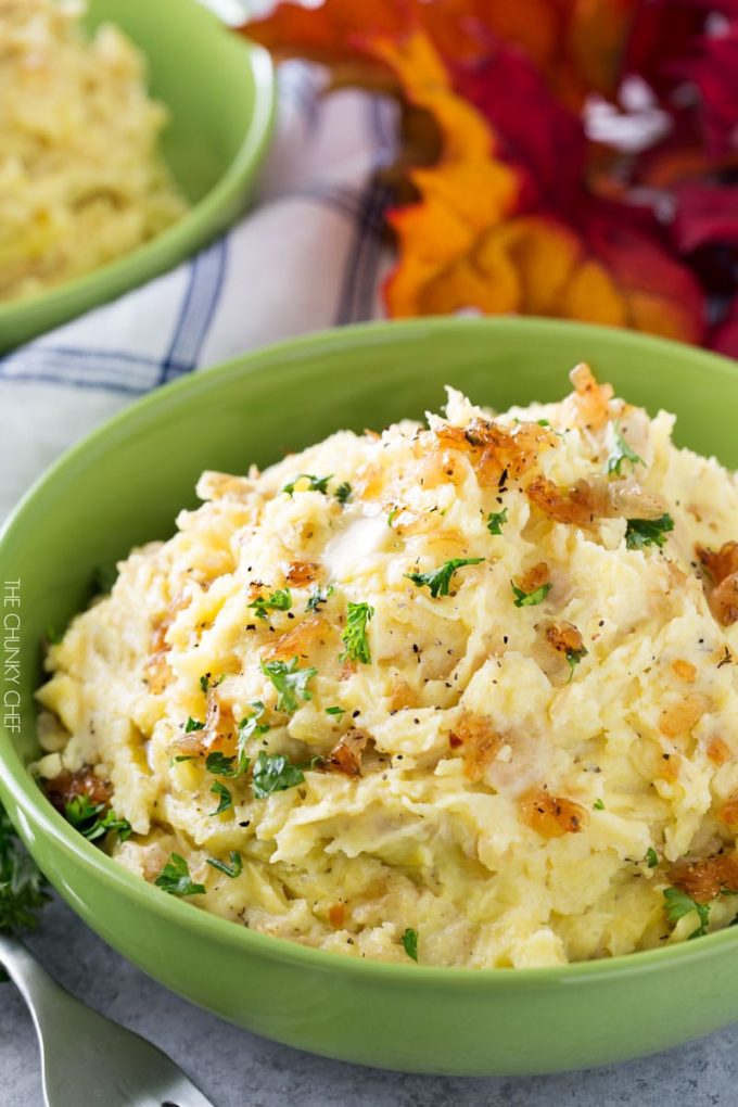 Horseradish Mashed Potatoes with Caramelized Onions - The Chunky Chef