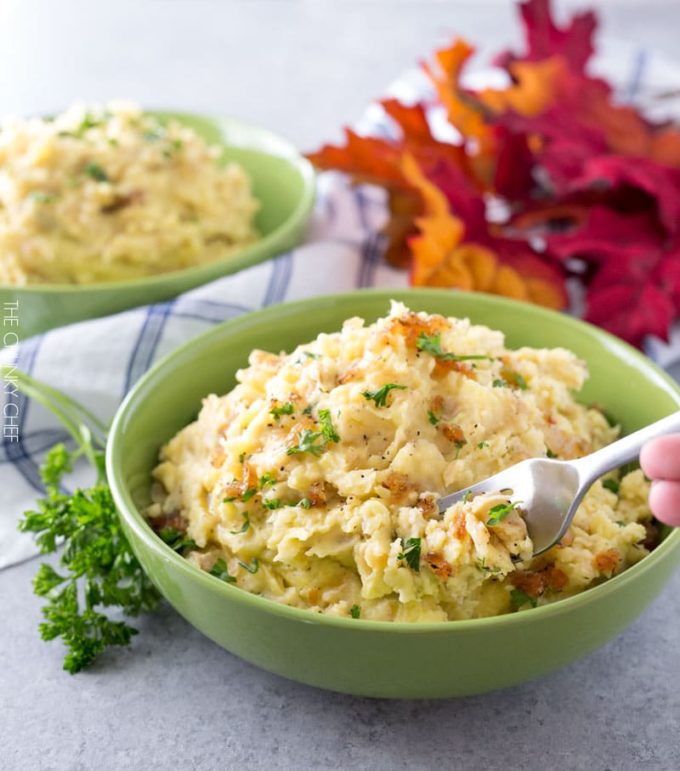 Horseradish Mashed Potatoes with Caramelized Onions - The Chunky Chef