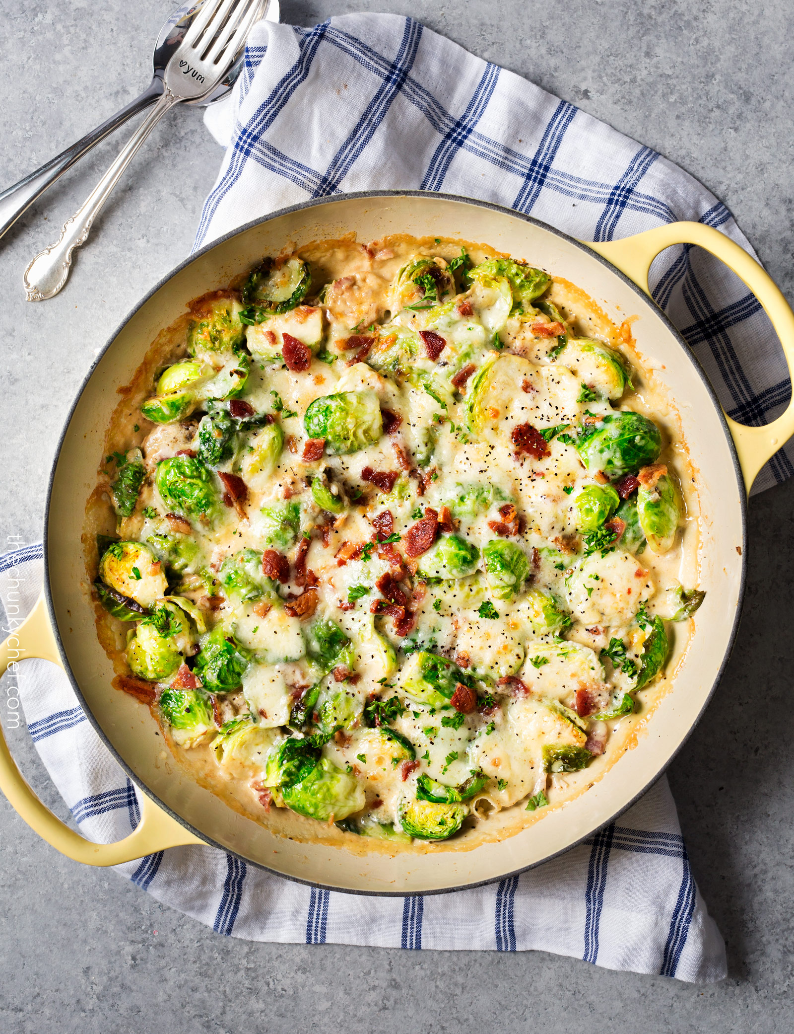 Cheesy Brussels Sprouts with Bacon - The Chunky Chef