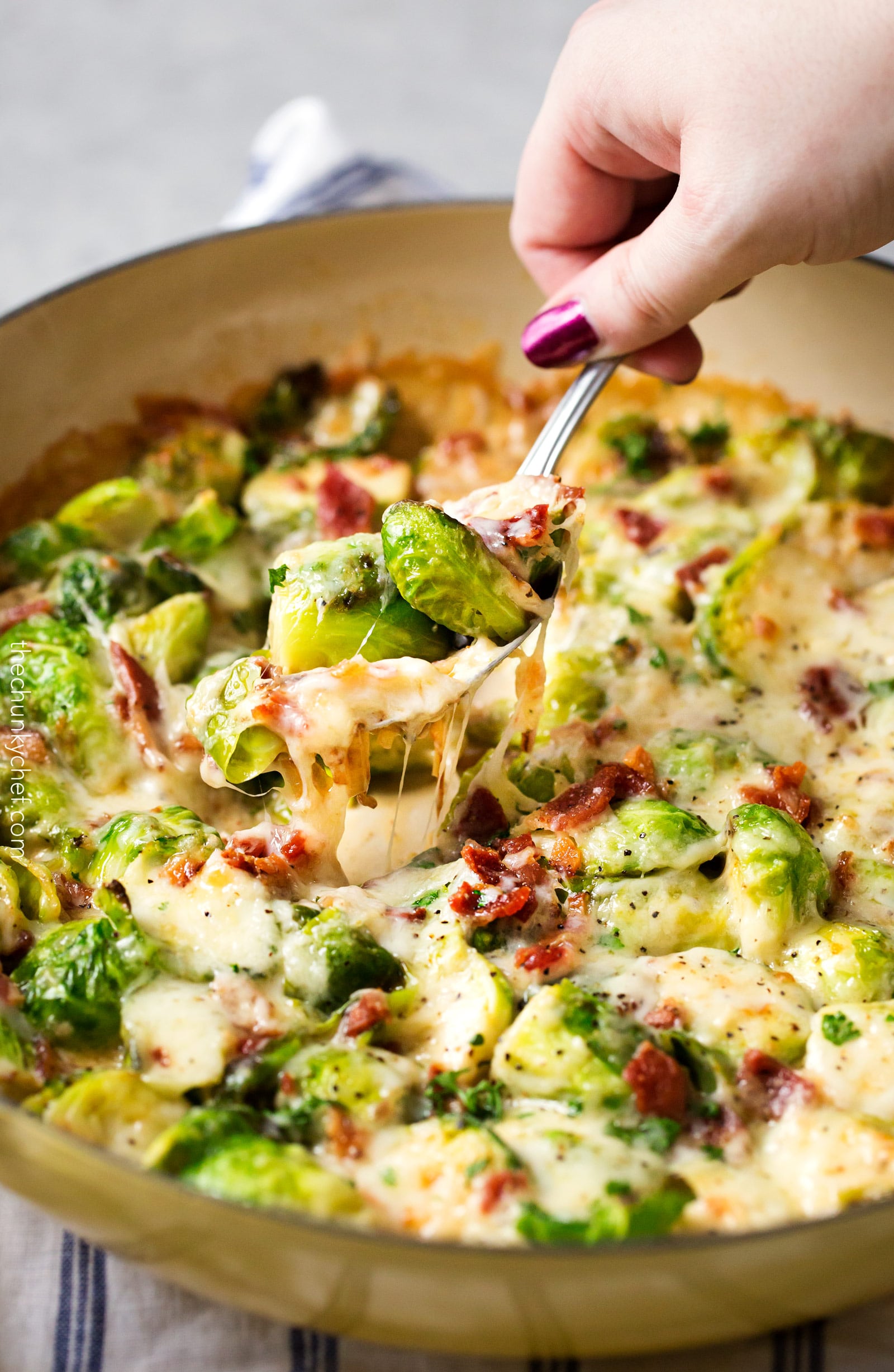 Cheesy Brussels Sprouts with Bacon - The Chunky Chef