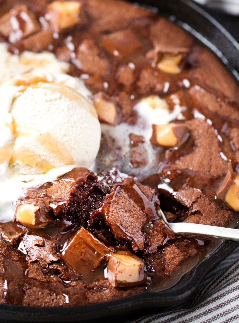 Skillet Brownie Recipe (caramel & chocolate) The Chunky Chef