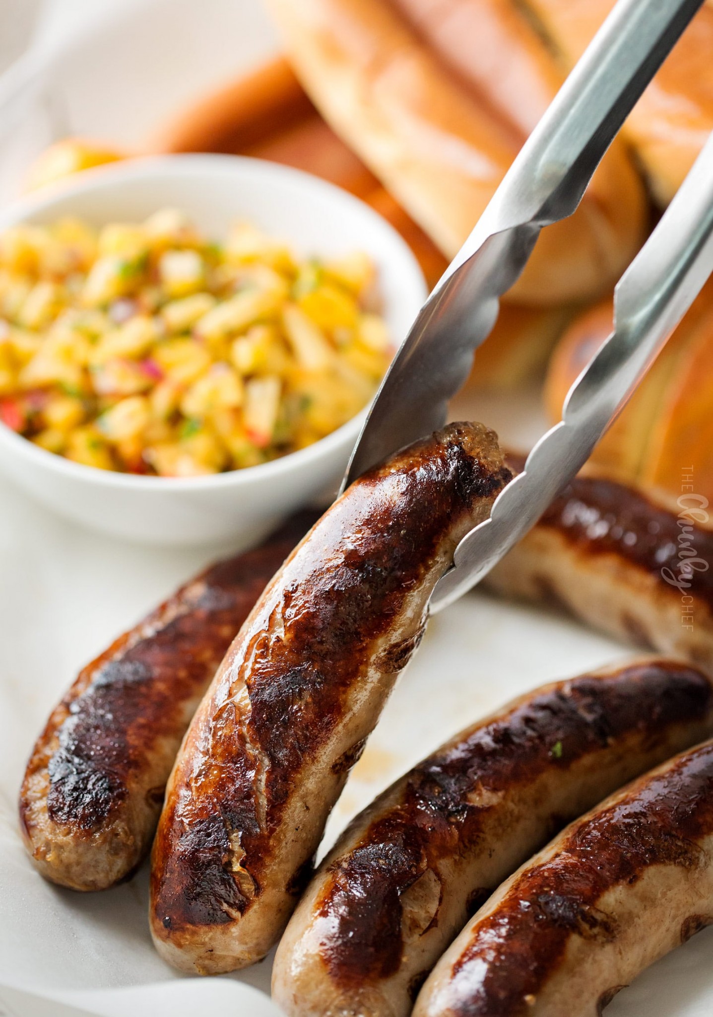 Grilled Bratwurst with Spicy Peach Salsa - The Chunky Chef