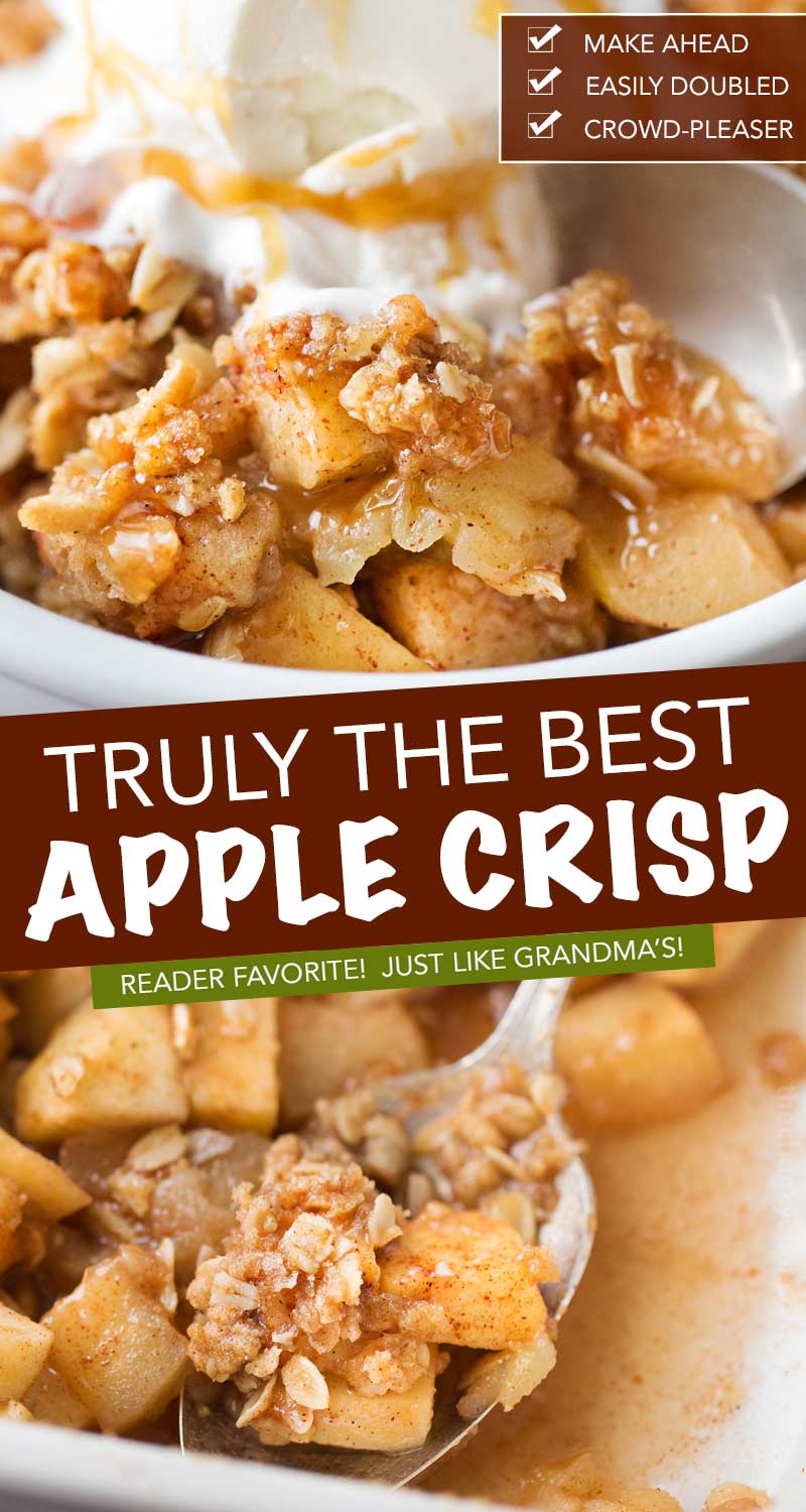 Old Fashioned Easy Apple Crisp | Chopped apples, cinnamon, brown sugar, and the best crispy oat topping, baked into the ultimate Fall dessert!  Top with a scoop of ice cream and salted caramel for the perfect treat! #applecrisp #oats #dessert #apples #fromscratch #easyrecipe