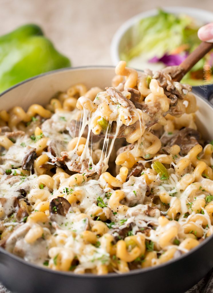 One Pot Philly Cheesesteak Pasta The Chunky Chef