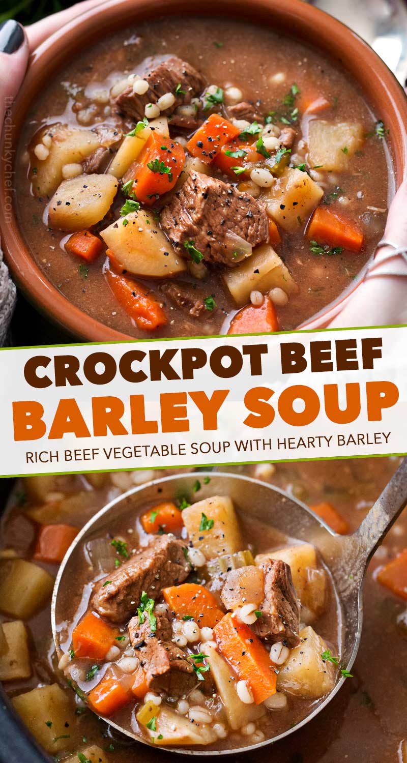 Hearty and positively soul-warming, this beef barley soup simmers all day in the slow cooker, which makes for an incredibly rich soup recipe! #beefbarley #soup #slowcooker #crockpot #comfortfood #barley #beefsoup #easyrecipe #dinner