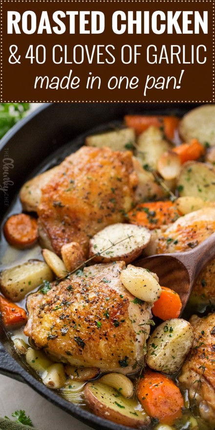 One Pan Roasted Chicken And 40 Cloves Of Garlic - The Chunky Chef