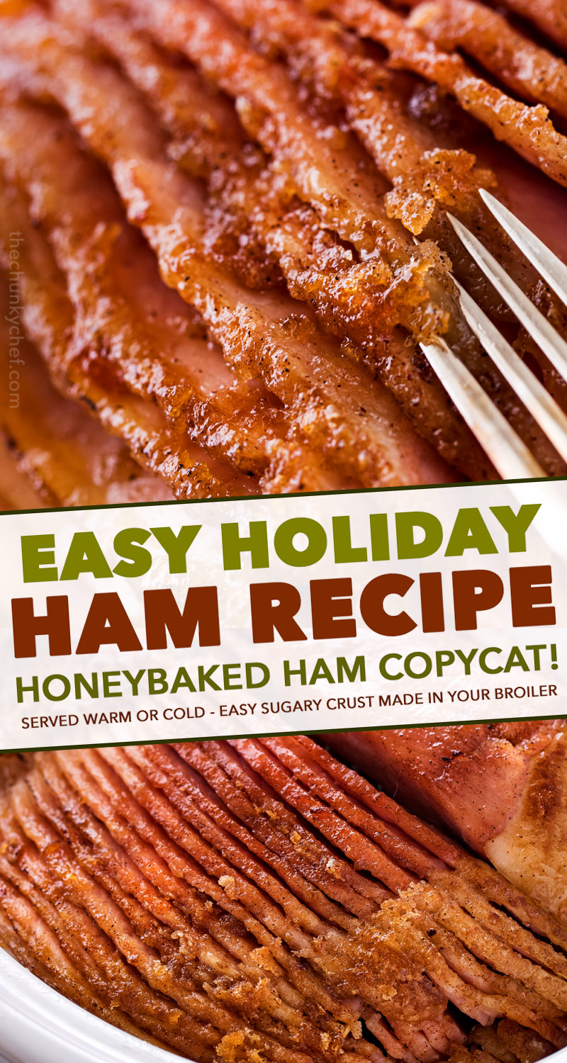 This copycat Honey Baked Ham is juicy and tender, with the most amazing crispy sweet glaze!  Made with honey, sugar, and mouthwatering spices, you'll be amazed at how easy it is to make this ham at home and save a TON of money! #holiday #easter #ham #copycatrecipe #hamrecipe #dinner #honeybaked #spiralham 