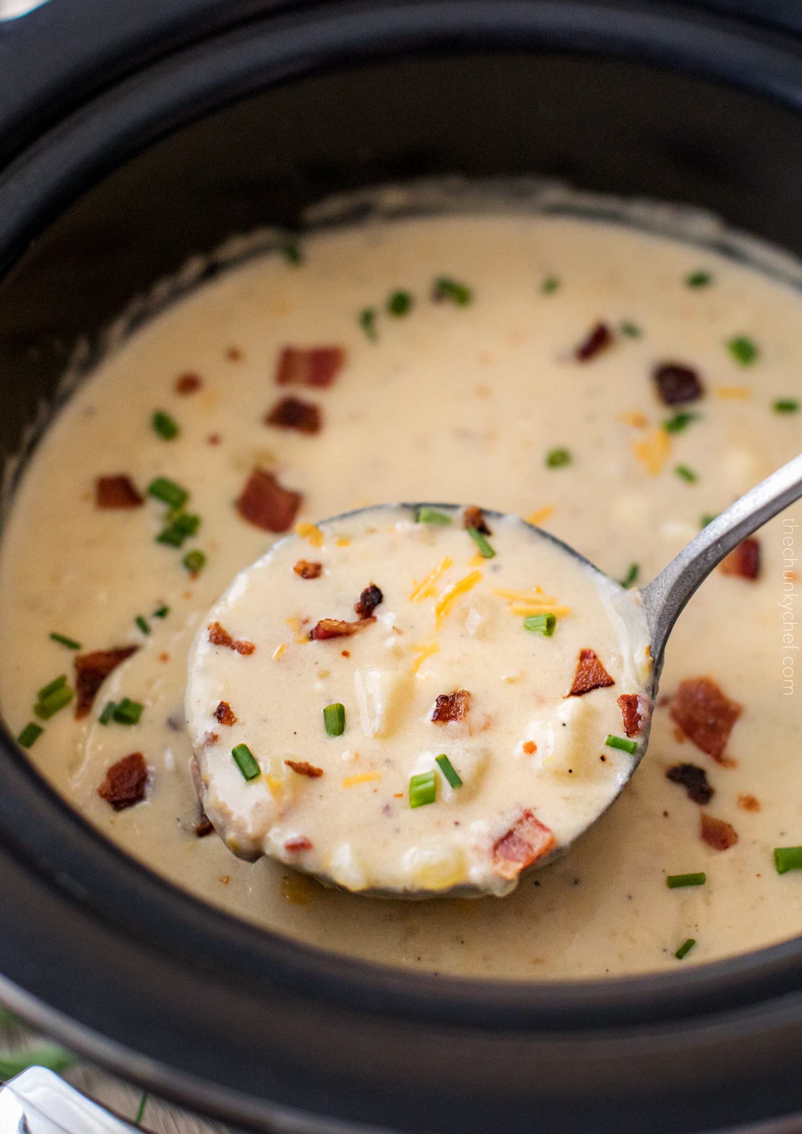 Skinny Crockpot Loaded Potato Soup - The Chunky Chef