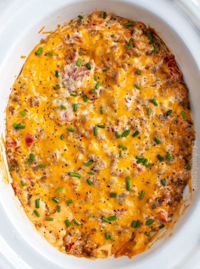 Cheesy Crockpot Sausage Rotel Dip - The Chunky Chef