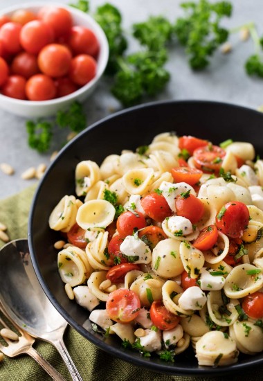 Caprese Pasta Salad - Great Cold or Warm! - The Chunky Chef