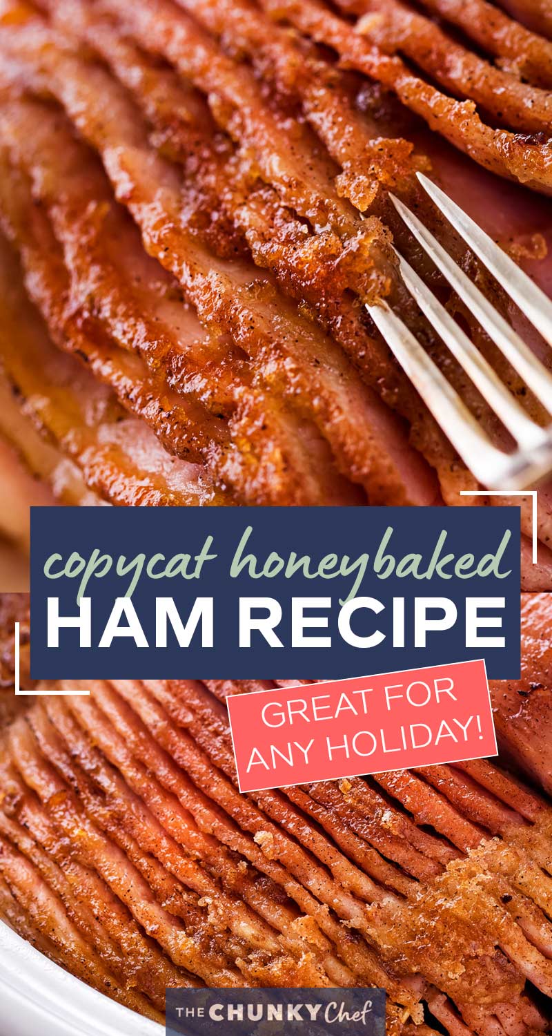 This copycat Honey Baked Ham is juicy and tender, with the most amazing crispy sweet glaze!  Made with honey, sugar, and mouthwatering spices, you'll be amazed at how easy it is to make this ham at home and save a TON of money! #holiday #easter #ham #copycatrecipe #hamrecipe #dinner #honeybaked #spiralham 