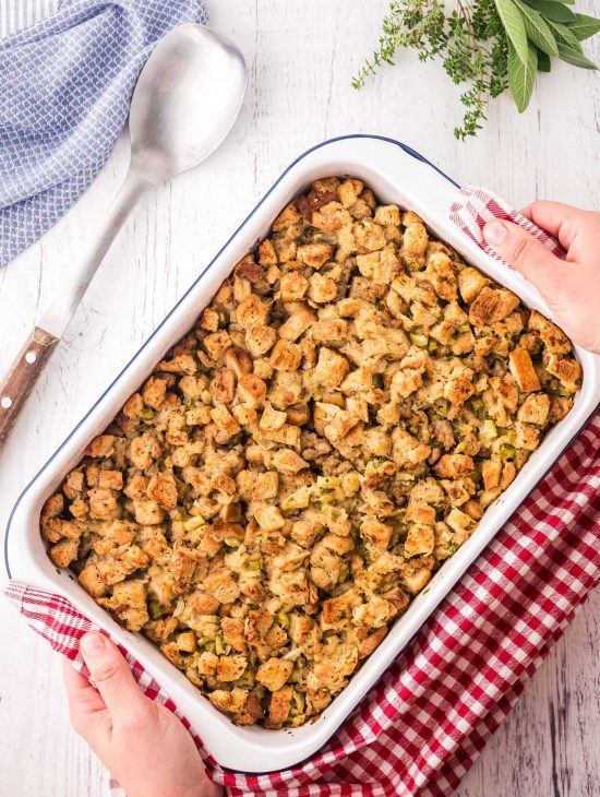 Classic Herb and Sausage Stuffing (make-ahead) - The Chunky Chef