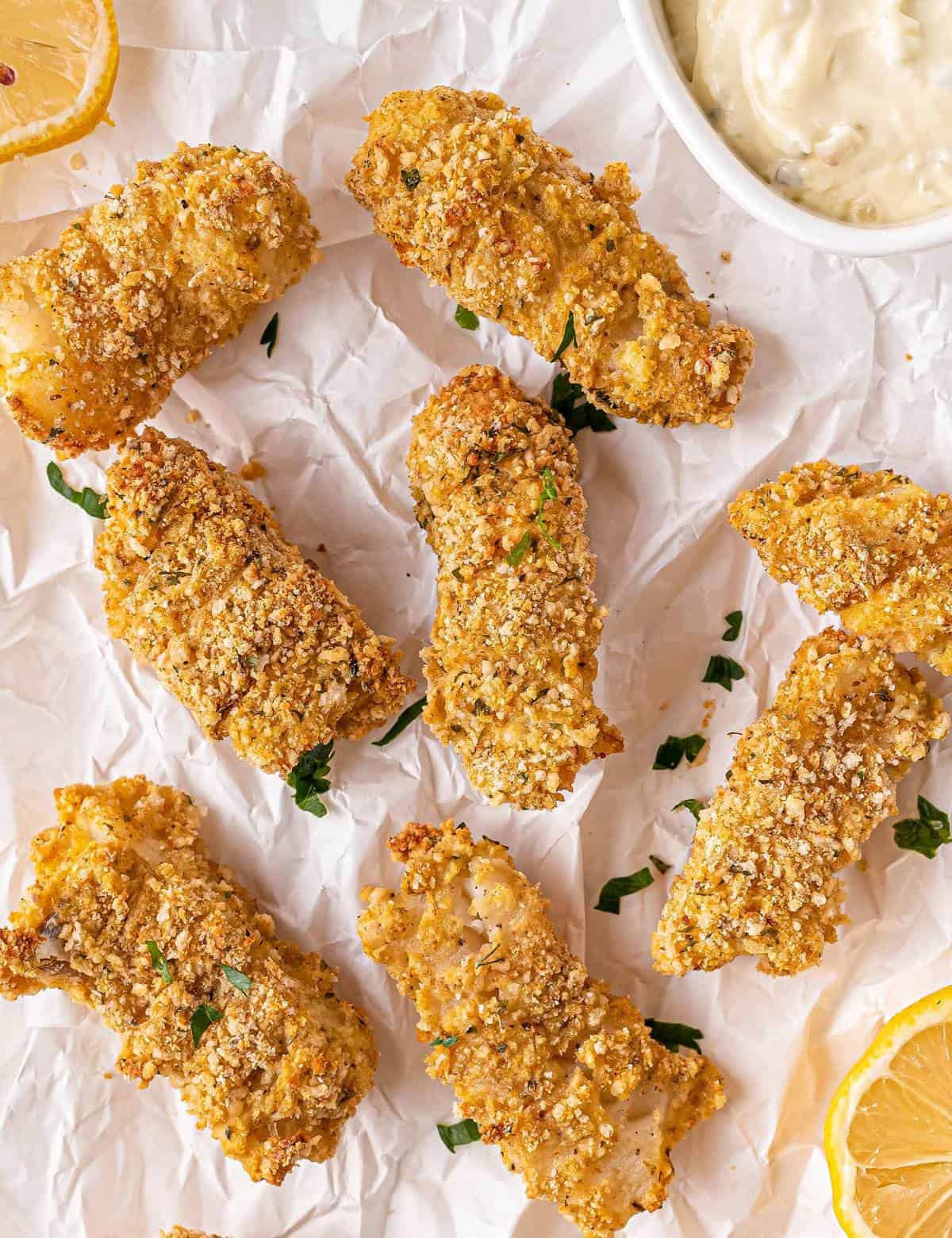 Parmesan fish fingers with salad