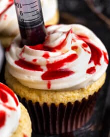 Bloody Vanilla Cupcakes with Edible “Blood”