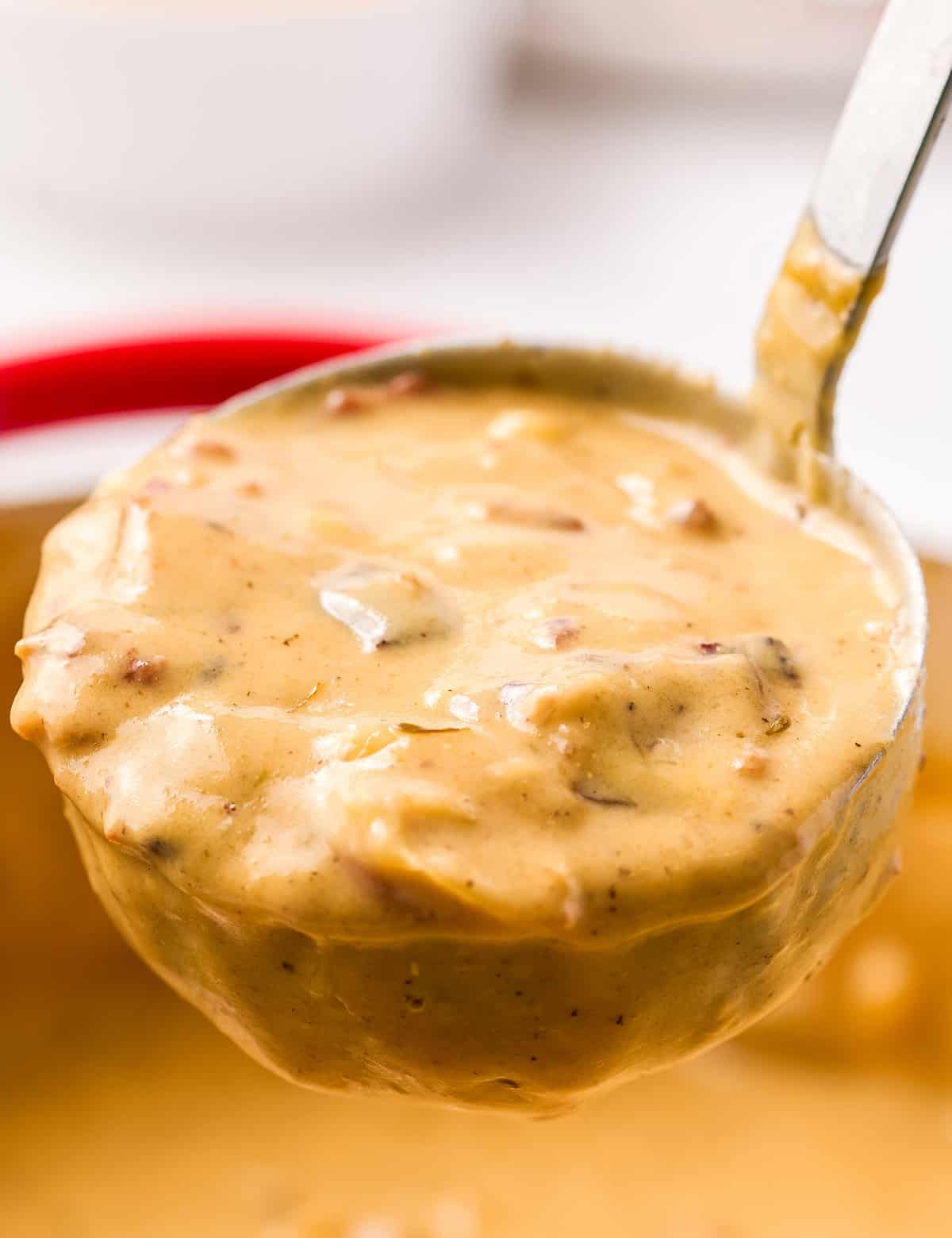 Rich and creamy, this Beer Cheese Soup is made easily on the stovetop and is perfect alongside soft pretzels or crusty bread! #soup #beercheese