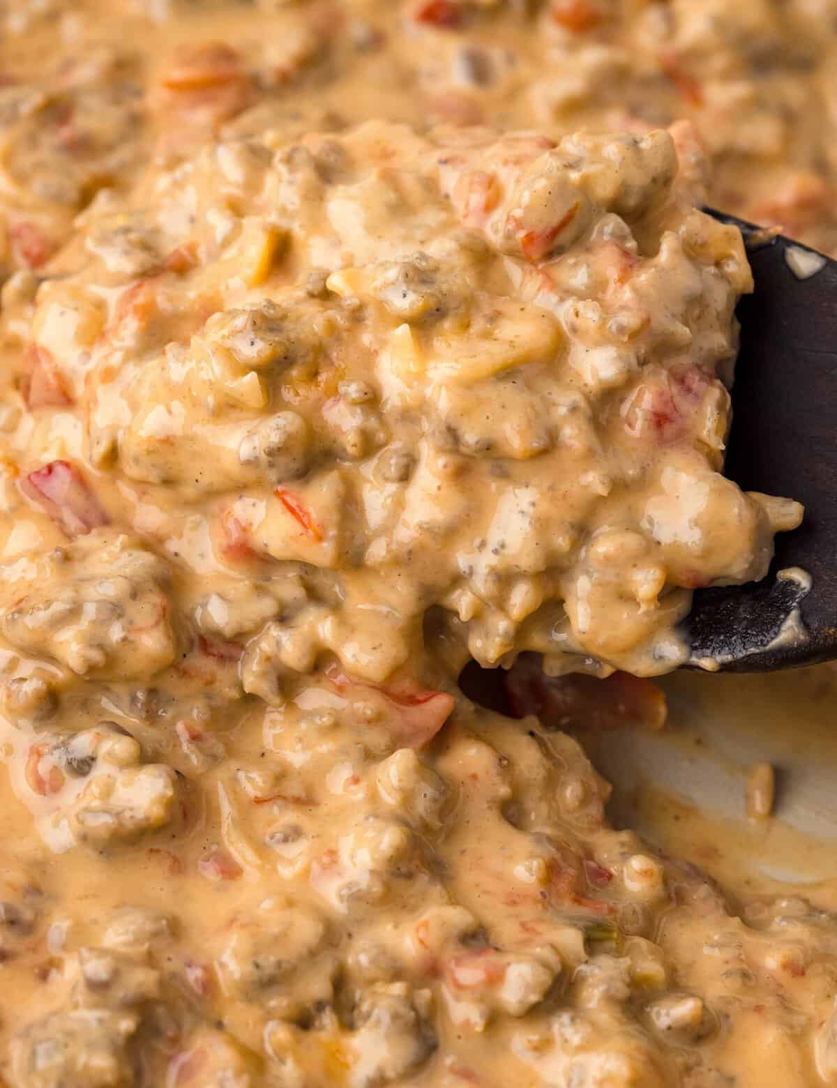 Cheesy Crockpot Sausage Rotel Dip - The Chunky Chef