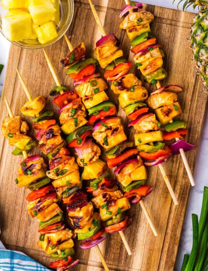 Chicken is marinated in a semi-homemade Hawaiian-style bbq sauce, then threaded onto skewers with peppers, pineapple, and onions, then grilled to perfection! Perfect for a summer dinner, and I've included oven directions as well.