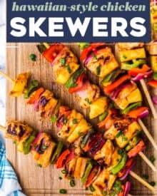 Chicken is marinated in a semi-homemade Hawaiian-style bbq sauce, then threaded onto skewers with peppers, pineapple, and onions, then grilled to perfection! Perfect for a summer dinner, and I've included oven directions as well.