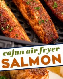 This Air Fryer Cajun Salmon is light and flaky, and ready in less than 30 minutes. Fresh salmon filets are brushed with olive oil, then rubbed with a mouthwatering homemade cajun spice rub. It’s the perfect quick and easy weeknight dinner!