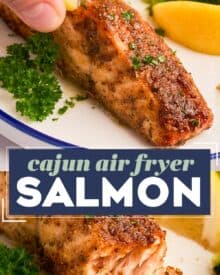 This Air Fryer Cajun Salmon is light and flaky, and ready in less than 30 minutes. Fresh salmon filets are brushed with olive oil, then rubbed with a mouthwatering homemade cajun spice rub. It’s the perfect quick and easy weeknight dinner!