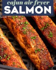 This Air Fryer Cajun Salmon is light and flaky, and ready in less than 30 minutes. Fresh salmon filets are brushed with olive oil, then rubbed with a mouthwatering homemade cajun spice rub. It’s the perfect quick and easy weeknight dinner!