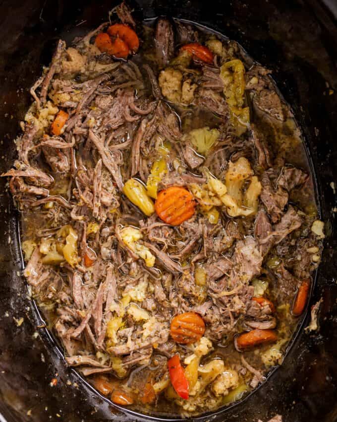 shredded Italian beef in slow cooker.