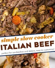 Deliciously tangy and piquant, this slow cooker Italian beef is made easily with simple ingredients and cooks all day, so it's ready when you get home! Perfect on sandwiches, sliders, or over mashed potatoes, this recipe is pure comfort food.