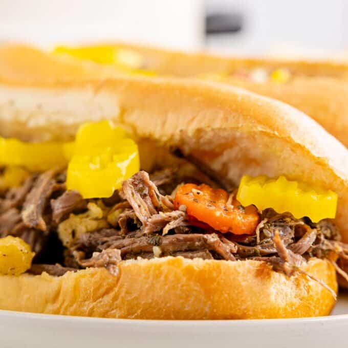 close up photo of the side of an Italian beef hoagie.