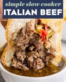 Deliciously tangy and piquant, this slow cooker Italian beef is made easily with simple ingredients and cooks all day, so it's ready when you get home! Perfect on sandwiches, sliders, or over mashed potatoes, this recipe is pure comfort food.