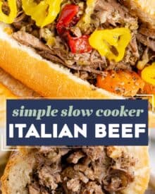 Deliciously tangy and piquant, this slow cooker Italian beef is made easily with simple ingredients and cooks all day, so it's ready when you get home! Perfect on sandwiches, sliders, or over mashed potatoes, this recipe is pure comfort food.