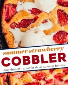 This mouthwatering strawberry cobbler is made with a simple cake batter and studded with sweet strawberries. As the cobbler is baked, the batter bakes up around the berries, absorbing their delicious juices. This recipe is extremely versatile, so you can use fresh or frozen strawberries, which means you can make this alllll year round!