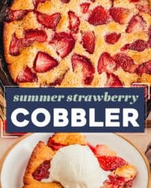This mouthwatering strawberry cobbler is made with a simple cake batter and studded with sweet strawberries. As the cobbler is baked, the batter bakes up around the berries, absorbing their delicious juices. This recipe is extremely versatile, so you can use fresh or frozen strawberries, which means you can make this alllll year round!