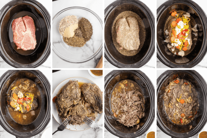 step by step photo collage of how to make slow cooker Italian beef.