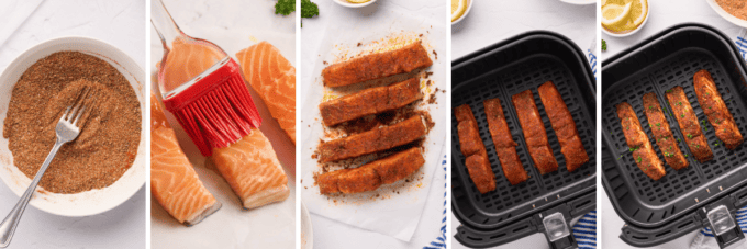 step by step photo collage of how to make air fryer cajun salmon