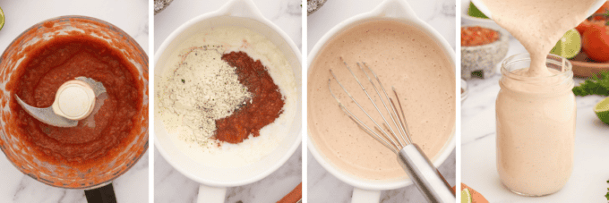 step by step photo collage of how to make creamy salsa ranch.