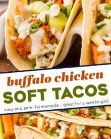 These buffalo chicken tacos are a great semi-homemade dinner or appetizer idea. Frozen chicken tenders make these super easy to get on the table, and fast!