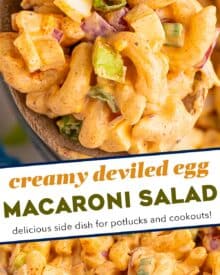 Everything you love about classic deviled eggs, combined with a creamy chilled macaroni salad! Perfect for summer cookouts and potlucks, and super easy to customize to your tastes.