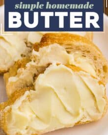 This recipe for simple and creamy homemade butter is made with just 1-2 ingredients (depending on if you want to make salted or unsalted butter), plus ice water. Who knew making butter could be so easy!