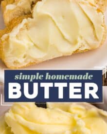 This recipe for simple and creamy homemade butter is made with just 1-2 ingredients (depending on if you want to make salted or unsalted butter), plus ice water. Who knew making butter could be so easy!