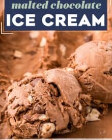 Rich and creamy homemade chocolate ice cream is flavored with malted milk powder, and a decadent crunch from the chopped malted milk balls. This frozen treat is so simple to make, and no ice cream maker is required!