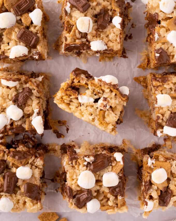 krispie treat squares on parchment paper