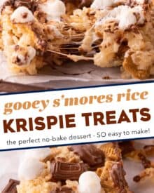 These gooey s'mores rice krispie treats are such an easy and fun to make dessert. This version is actually baked for just a few minutes to get the marshmallows on top nice and toasty, and the chocolate bars melted, just like a campfire s'more!