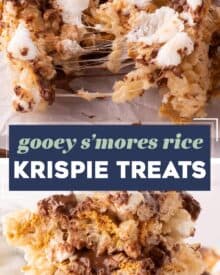 These gooey s'mores rice krispie treats are such an easy and fun to make dessert. This version is actually baked for just a few minutes to get the marshmallows on top nice and toasty, and the chocolate bars melted, just like a campfire s'more!