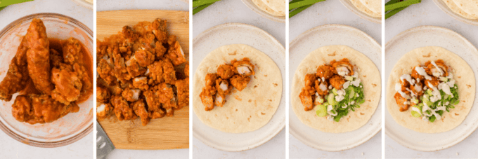 step by step photo collage of how to make buffalo chicken tacos