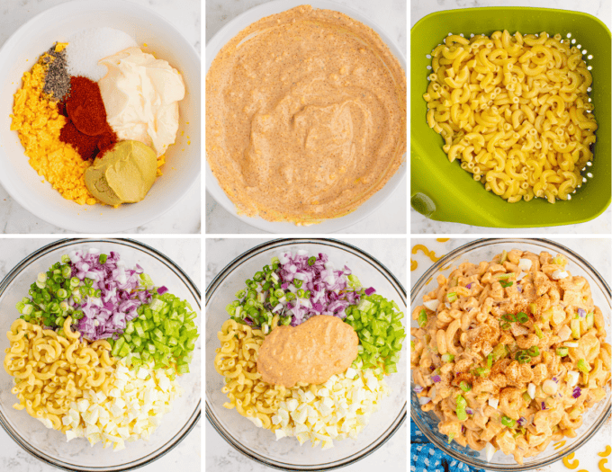 step by step photo collage of how to make deviled egg macaroni salad