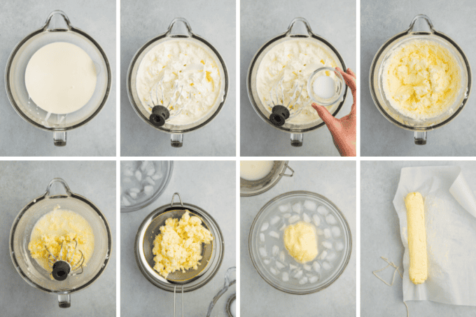 step by step photo collage of how to make homemade butter.