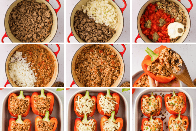 step by step photo collage of how to make italian sausage stuffed peppers.