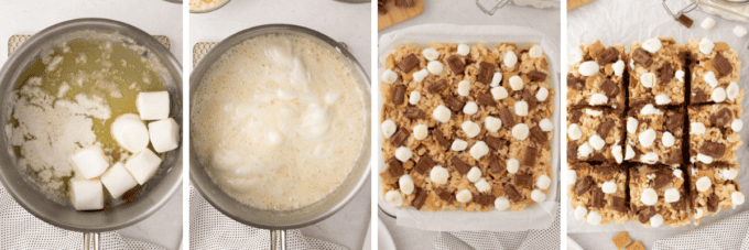 step by step photo collage of how to make s'mores rice krispie treats.