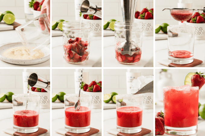 step by step photo collage of how to make strawberry margaritas.